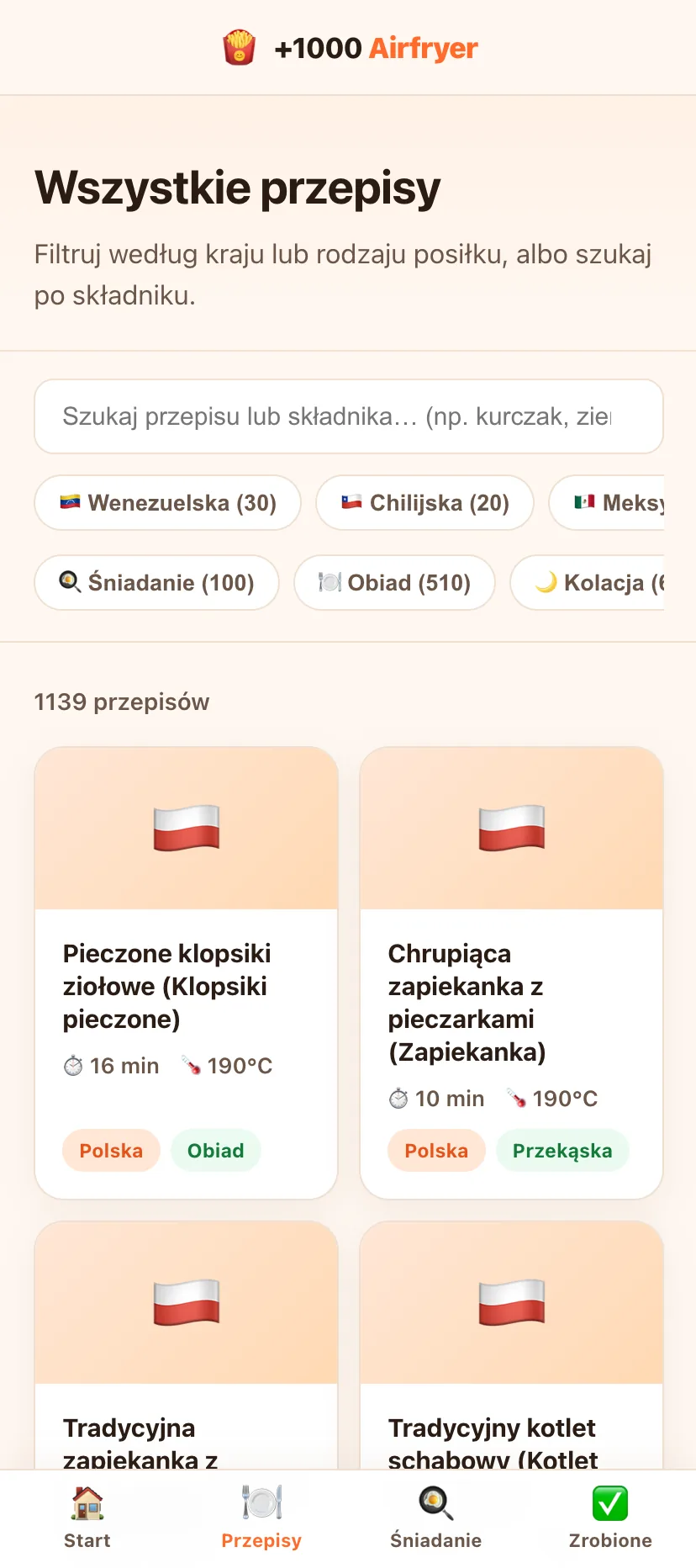 Lista przepisów z filtrami według kraju i rodzaju posiłku