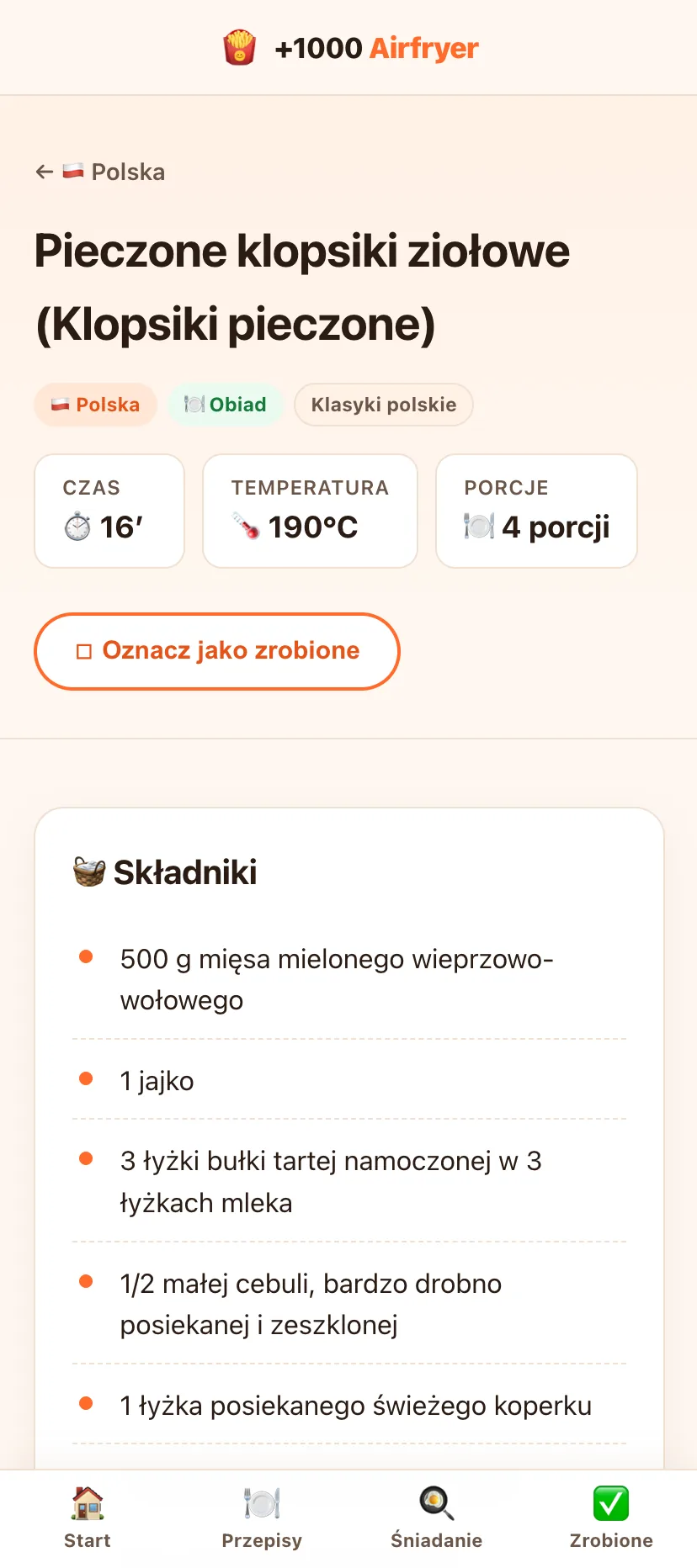 Karta przepisu z czasem, temperaturą, porcjami i składnikami
