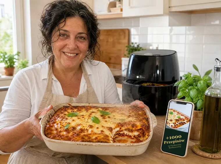Chef Aurora ze świeżo zrobioną lasagne z frytkownicy i przepisami w telefonie